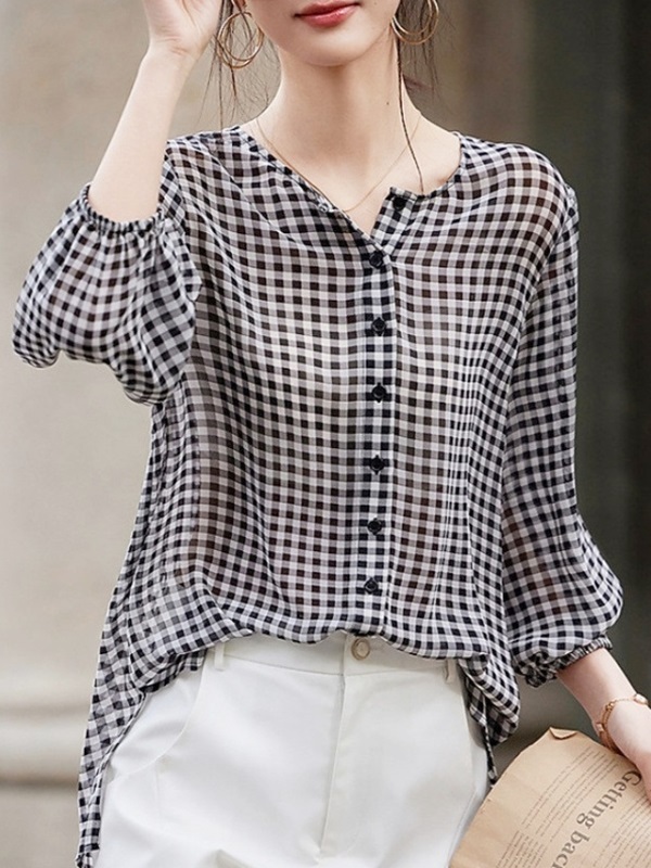 圓領格紋雪紡襯衫 格紋