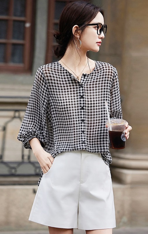 圓領格紋雪紡襯衫 格紋
