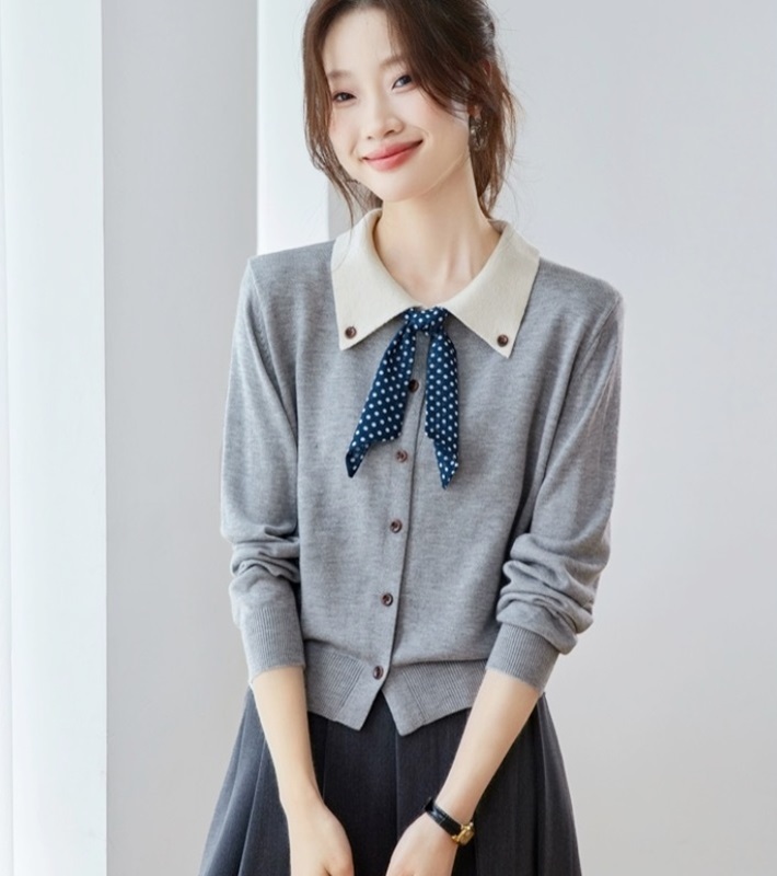 綁帶配色領針織上衣 兩色