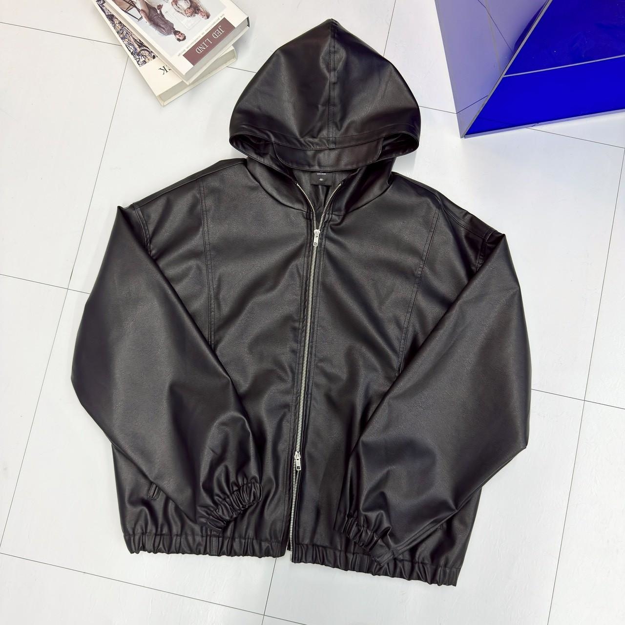 廓型雙鍊束口連帽皮夾克 98285