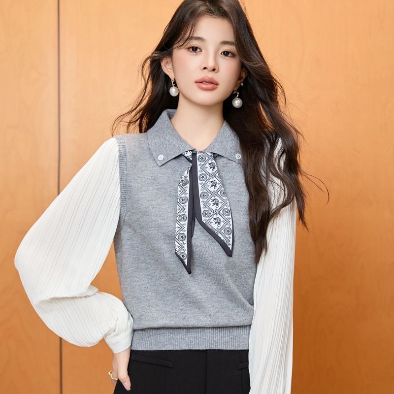 假兩件領巾針織上衣 三色