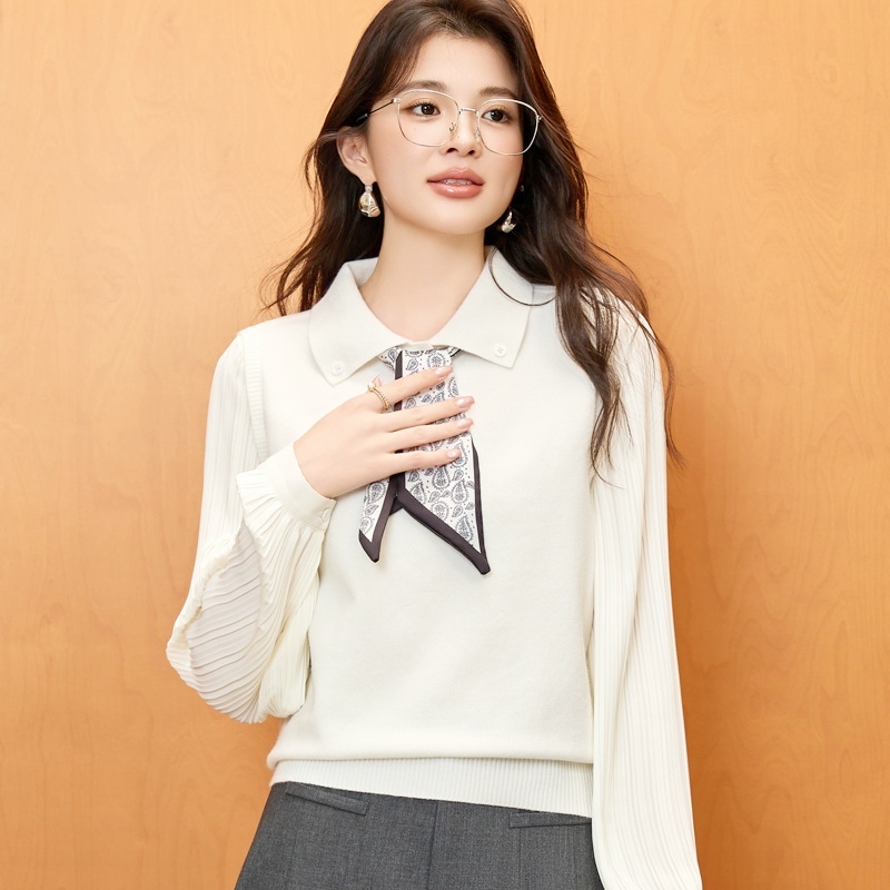 假兩件領巾針織上衣 三色