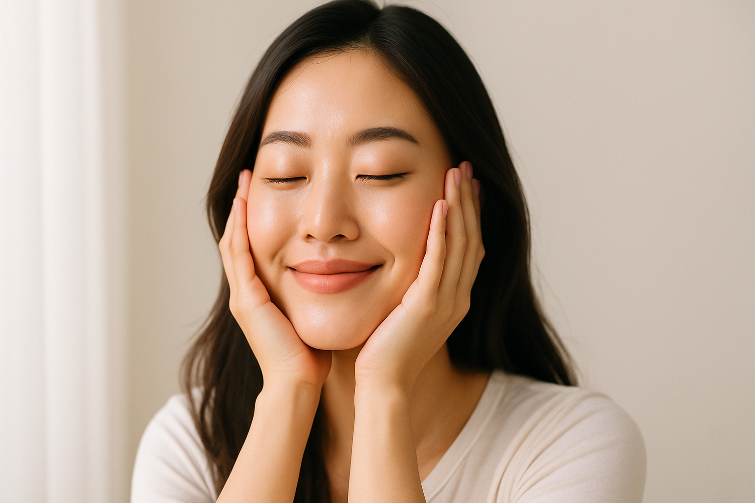 年輕女性閉眼微笑、雙手托臉,肌膚光澤飽滿,呈現膠原蛋白補充後的彈潤膚質。