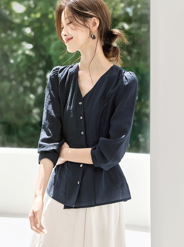 V領排釦綁帶上衣 藏青