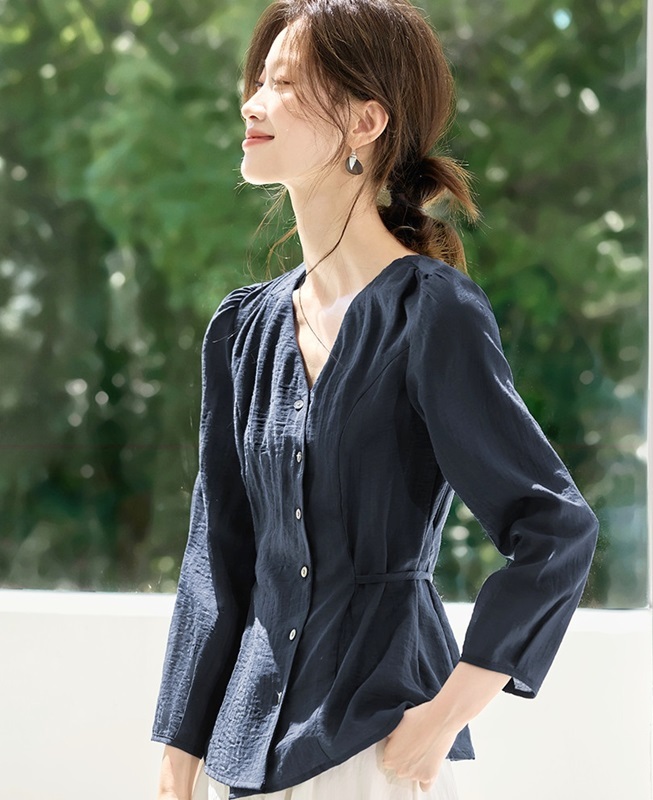 V領排釦綁帶上衣 藏青
