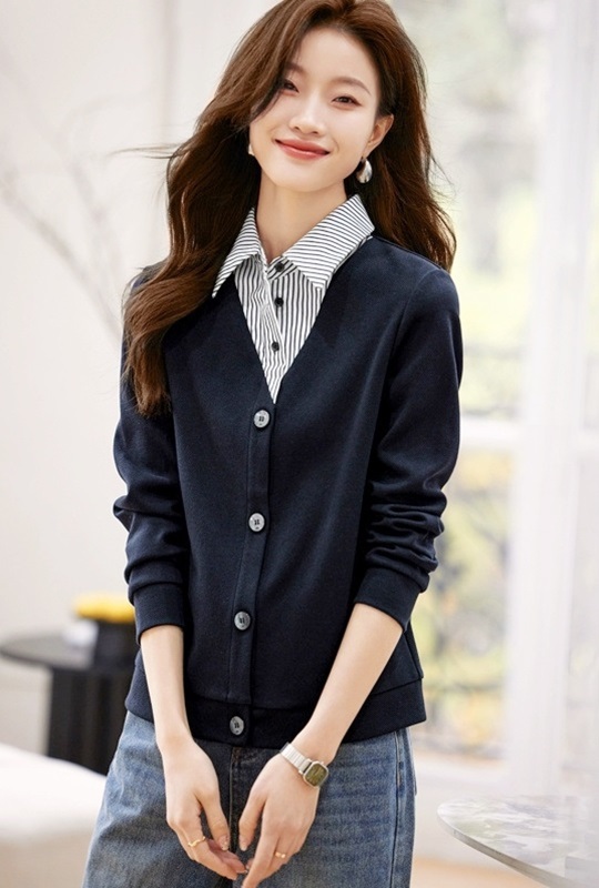 假兩件細條襯衫上衣 藏青