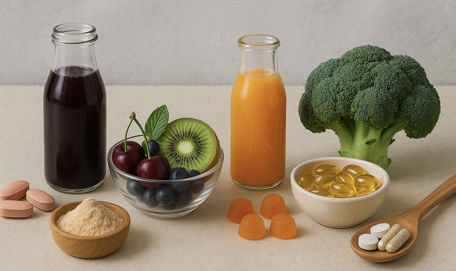 多種保健食品與天然食材並排展示,包含莓果、奇異果、花椰菜、膠囊、粉末、軟糖與飲品,呈現媽媽日常補充營養的多種選擇。