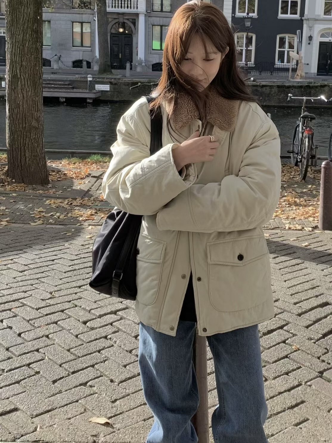 #228N603 French toast 羔毛領中長夾棉外套