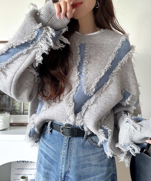 零碼現貨灰色XL!! 日本🇯🇵連線 Classical Elf 輕鬆休閒流蘇拼接針織套頭衫 男女可穿 流蘇 針織衫 套頭衫 拼接 長袖(任買兩件711免運)/現貨