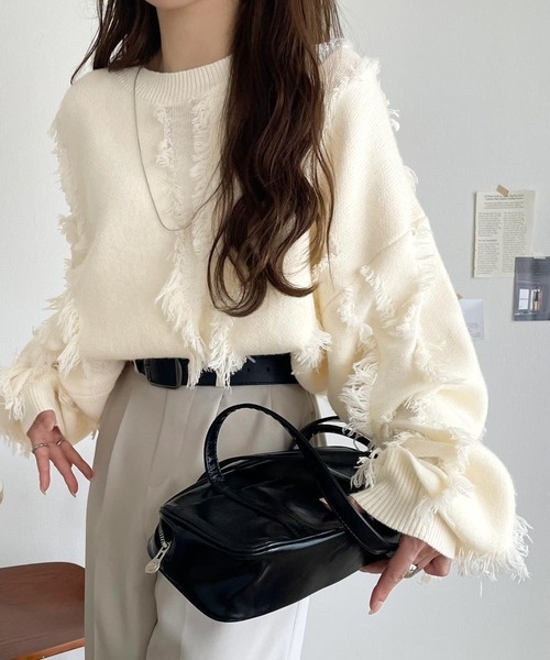 零碼現貨藏藍色L象牙白S!! 日本🇯🇵連線 Classical Elf 輕鬆休閒流蘇拼接針織套頭衫 男女可穿 流蘇 針織衫 套頭衫 拼接 長袖 (任買兩件711免運)/現貨