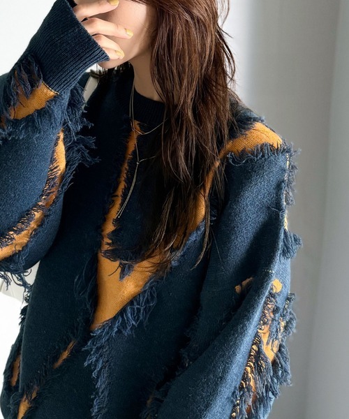 零碼現貨藏藍色L象牙白S!! 日本🇯🇵連線 Classical Elf 輕鬆休閒流蘇拼接針織套頭衫 男女可穿 流蘇 針織衫 套頭衫 拼接 長袖 (任買兩件711免運)/現貨