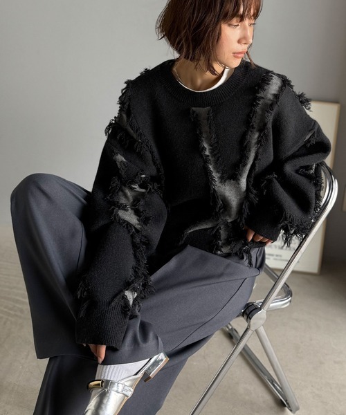 零碼現貨黑色M!! 日本🇯🇵連線 Classical Elf 輕鬆休閒流蘇拼接針織套頭衫 男女可穿 流蘇 針織衫 套頭衫 拼接 長袖 (任買兩件711免運)/現貨