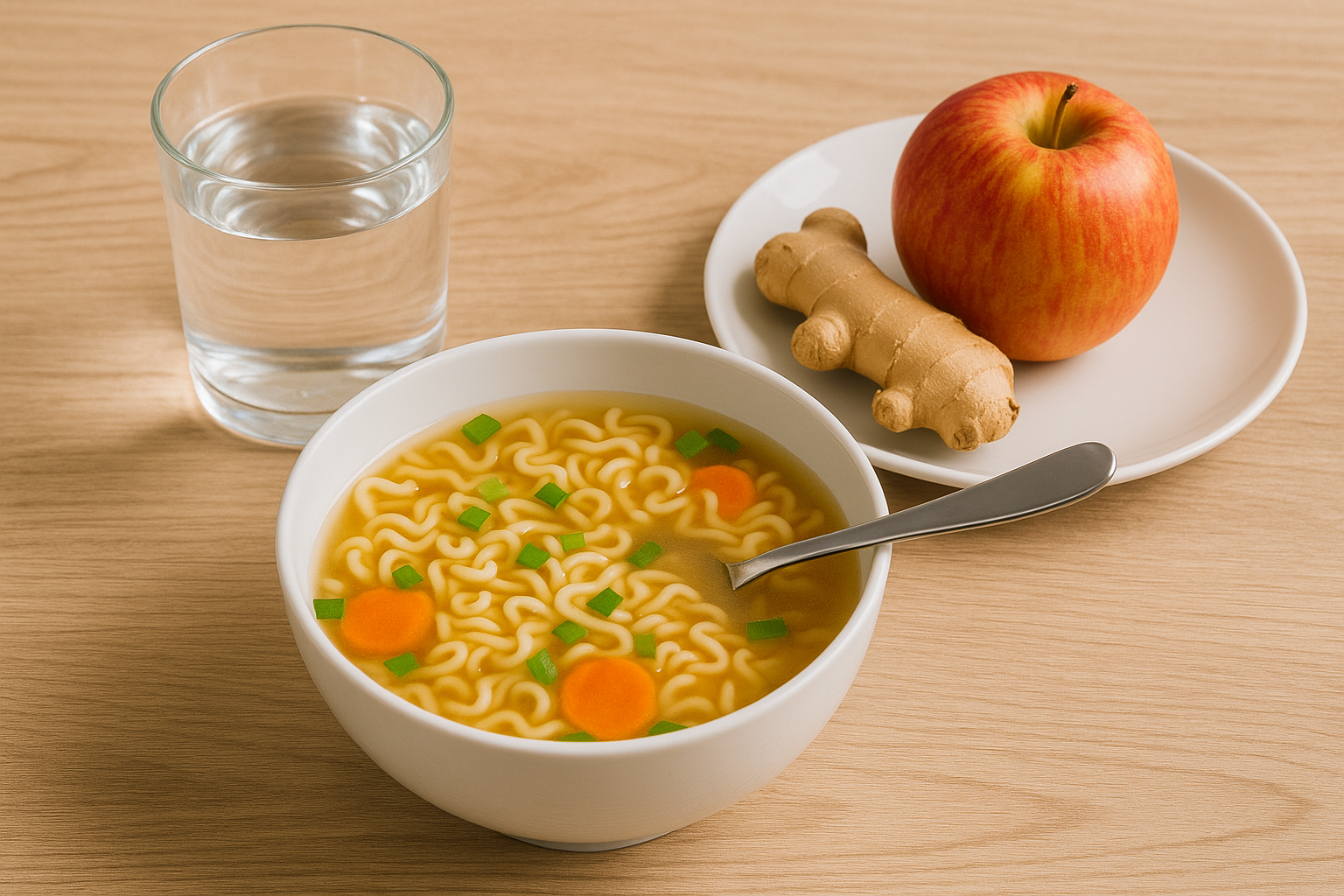 宿醉隔天吃什麼的飲食示意圖,桌上擺放清淡湯品、水杯、薑片與水果,呈現有助排酒與暖胃恢復的餐食選擇。