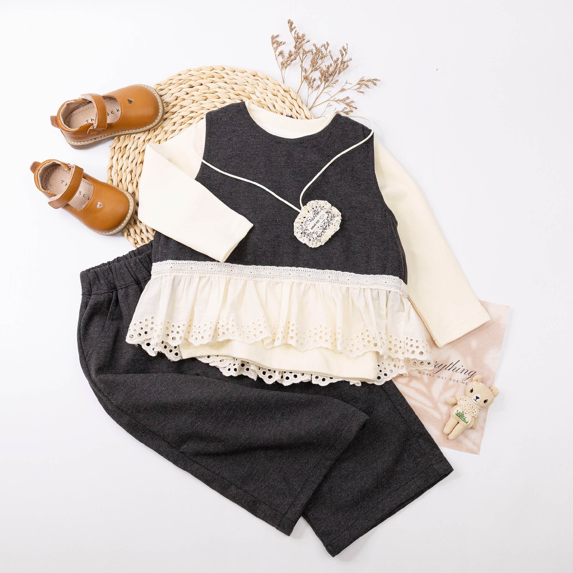 【H55625】法式浪漫緹花三件式套裝(附碎花項鍊)