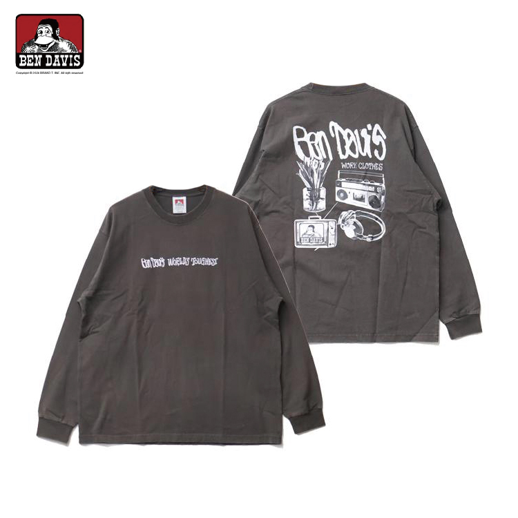 【 BEN DAVIS | 復古仿舊黑白印花薄長TEE - 咖啡 】