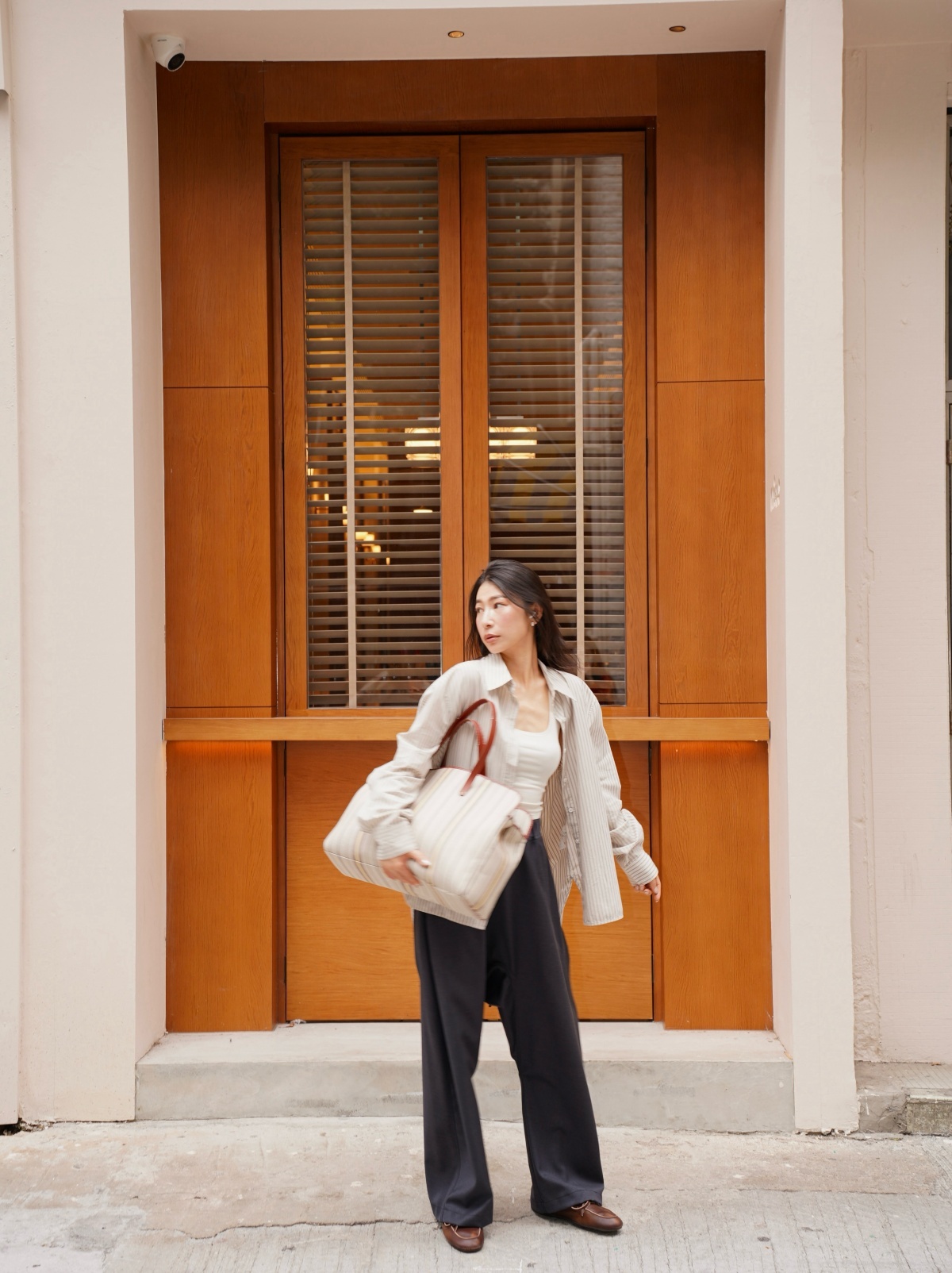 HANAA 新款純棉經典復古條紋長袖廓形襯衫