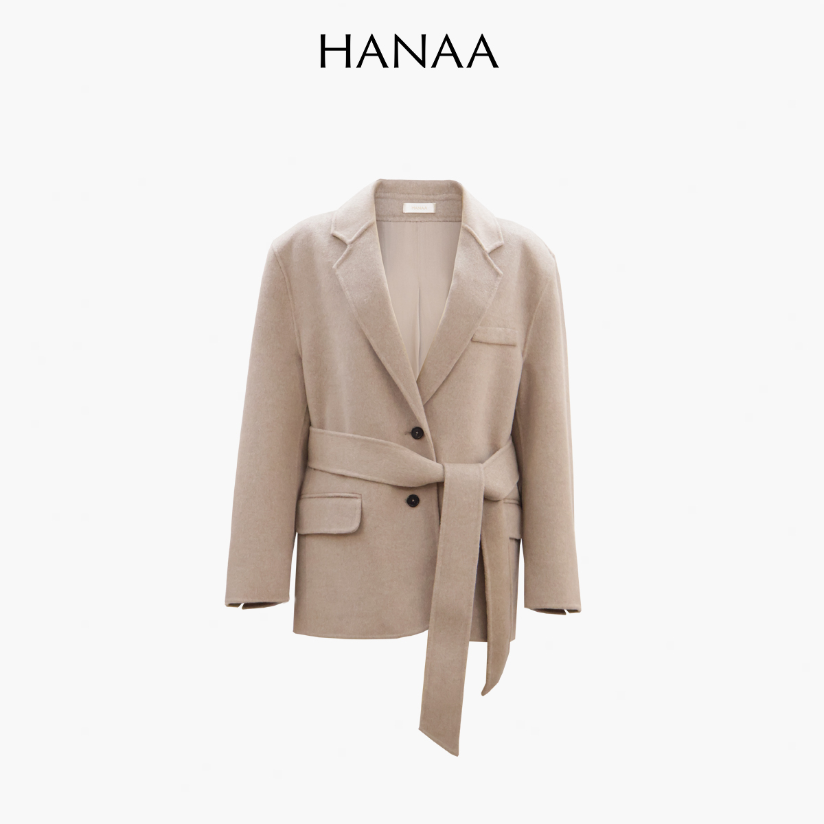HANAA 新款羊毛混紡雙面呢燕麥色西裝廓形外套