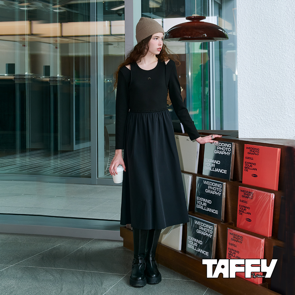 MA‧TSU Mi 異材質拼接挖洞設計感洋裝(黑)