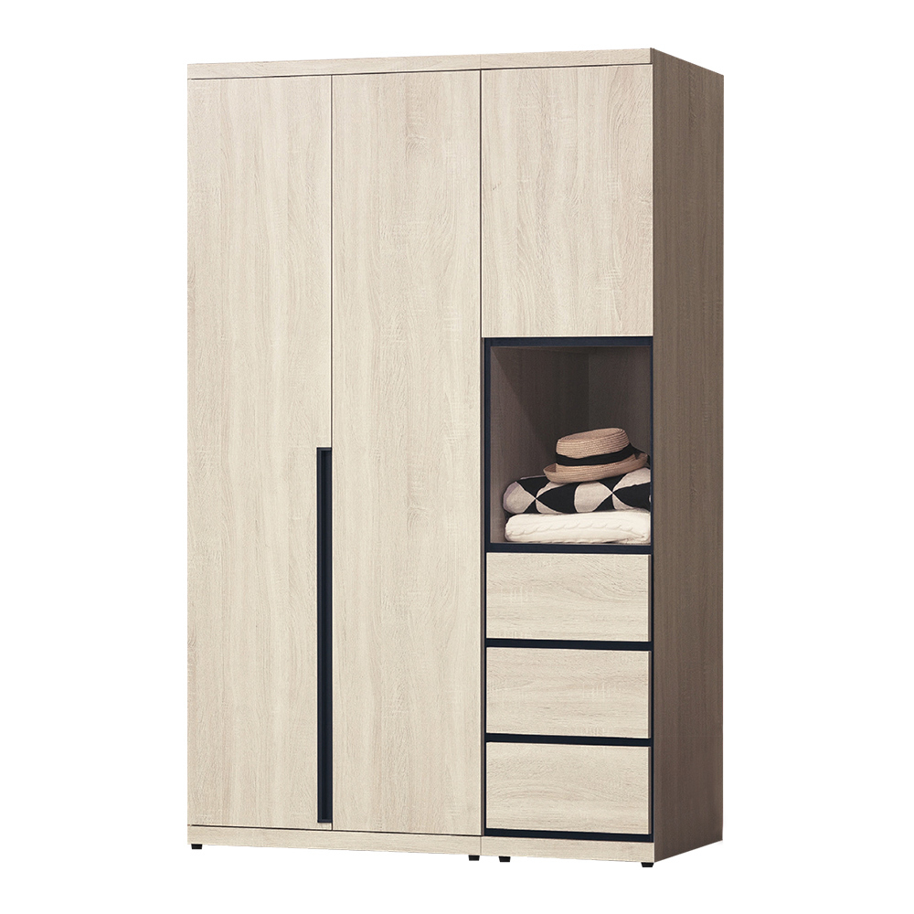 維森4.2尺三門三抽衣櫃組合(單吊桿)