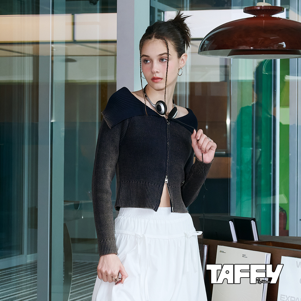 MA‧TSU Mi 暈染感大領片雙頭拉鍊短版針織衫(橘.深藍)