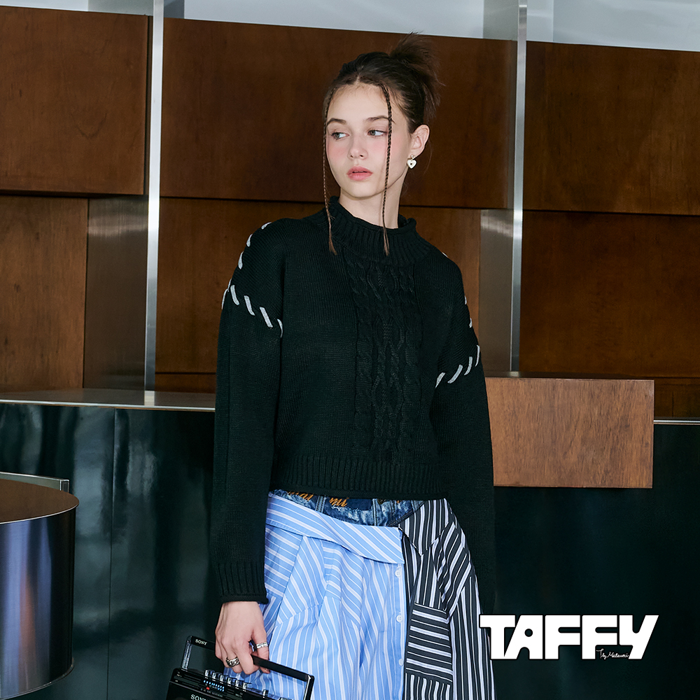 MA‧TSU Mi 立體撞色編織感針織短版毛衣(橘.黑)