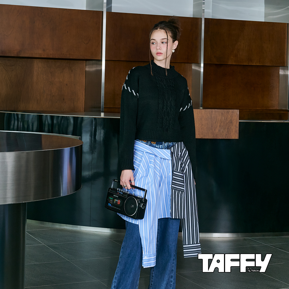 MA‧TSU Mi 立體撞色編織感針織短版毛衣(橘.黑)