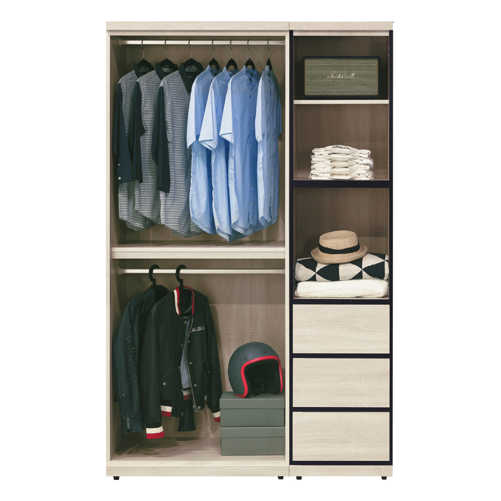 維森4.2尺三門三抽衣櫃組合(二吊桿)