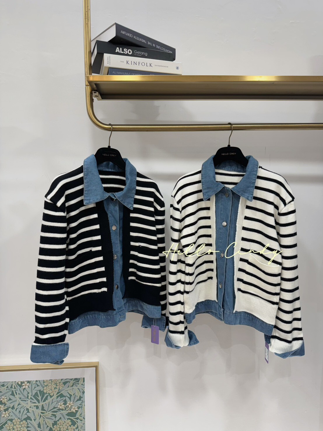 B10150 假兩件式針織條紋拼接牛仔襯衫