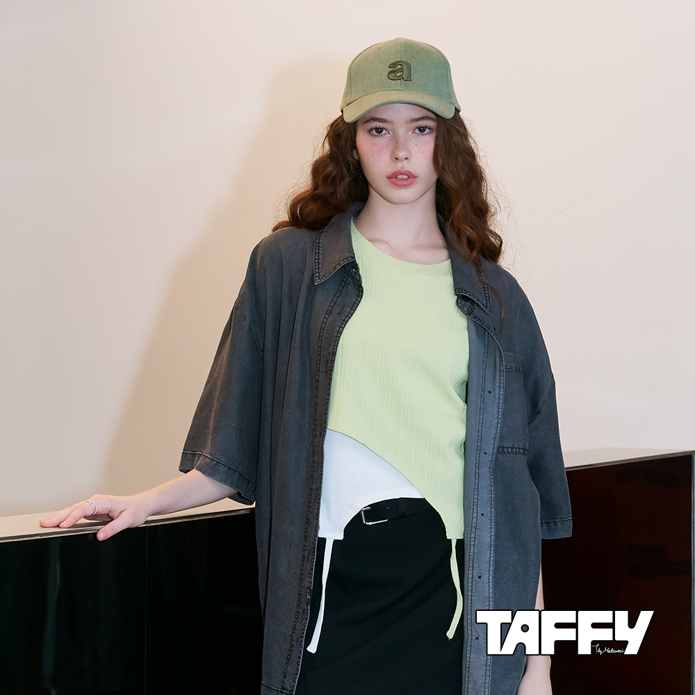 MA‧TSU Mi 拼接坑條假兩件不規則垂線短袖上衣(草綠.黑)