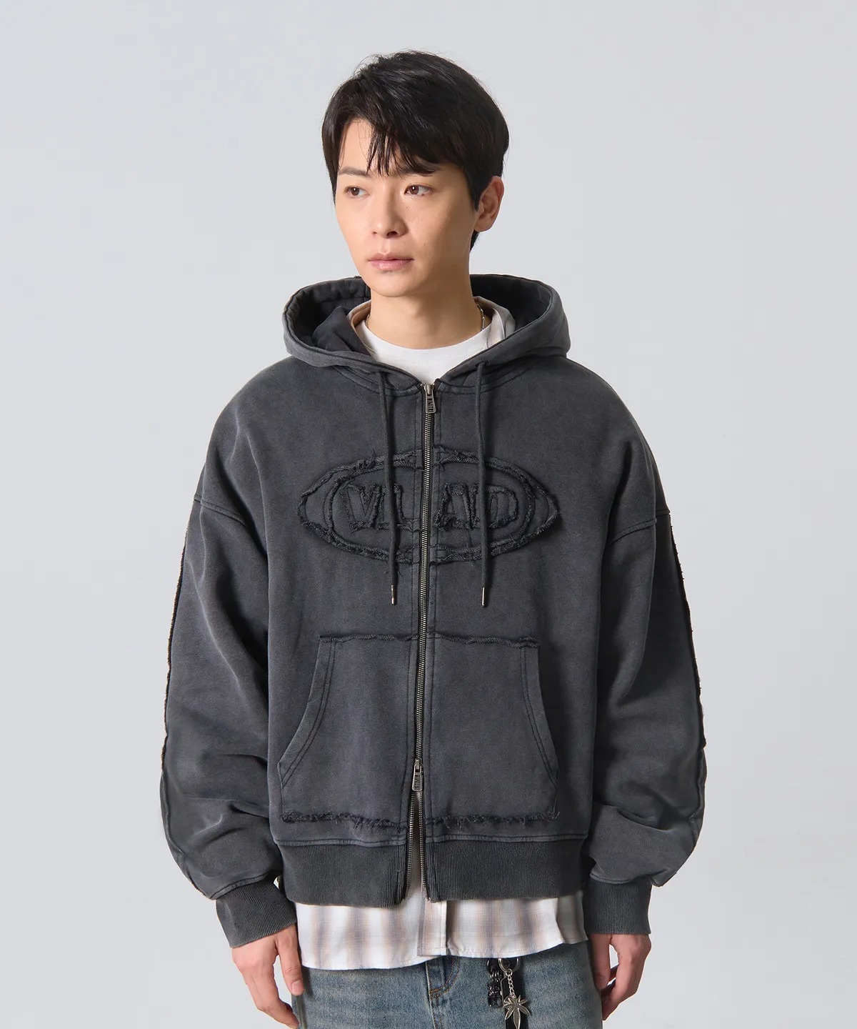 DIMITRI BLACK Cut-Off Applique Hooded Zip-Up