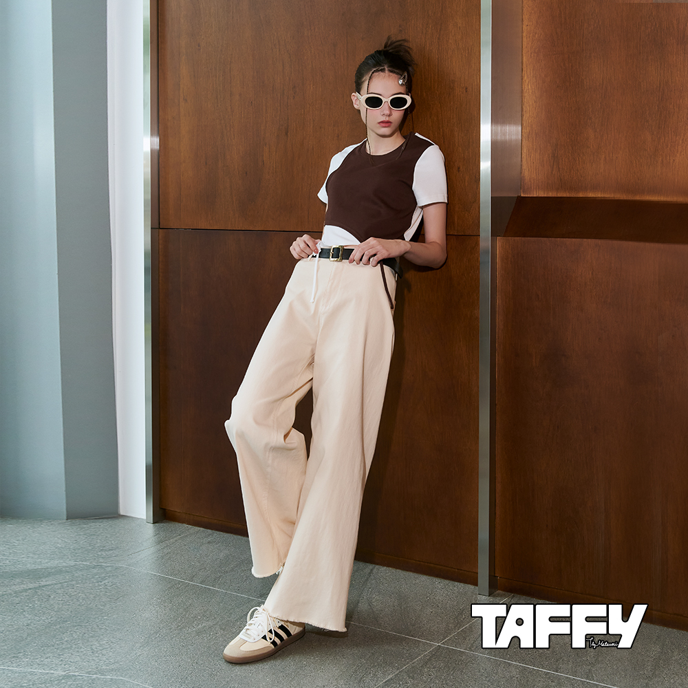 MA‧TSU Mi 抽鬚設計無側縫線直筒長腿褲(米白.粉紅)