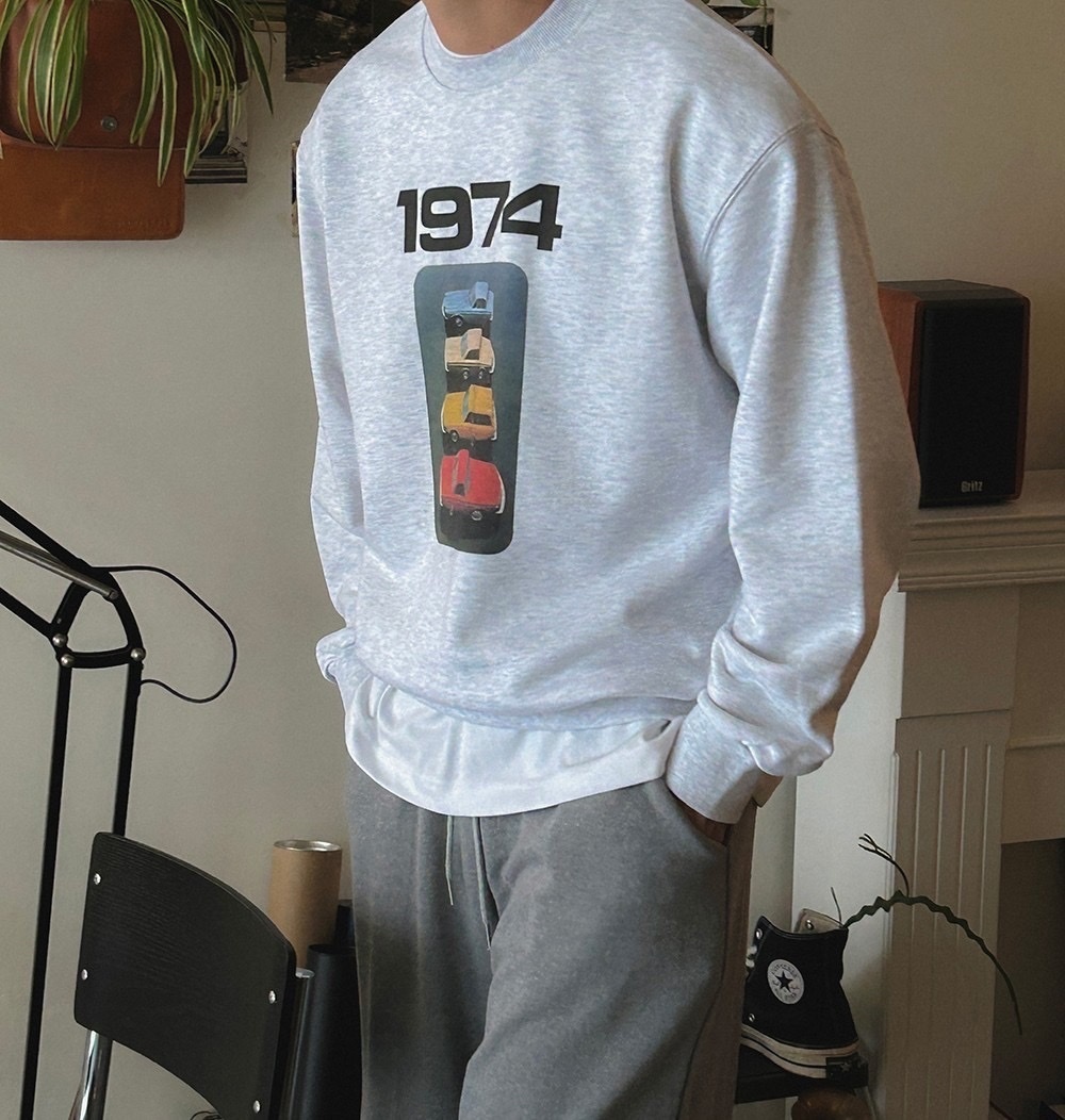1974 復古 汽車 設計 寬鬆 男女 落肩 長袖 大學T