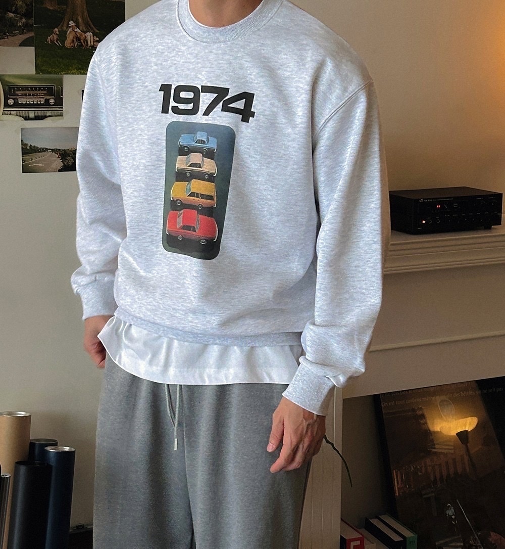 1974 復古 汽車 設計 寬鬆 男女 落肩 長袖 大學T