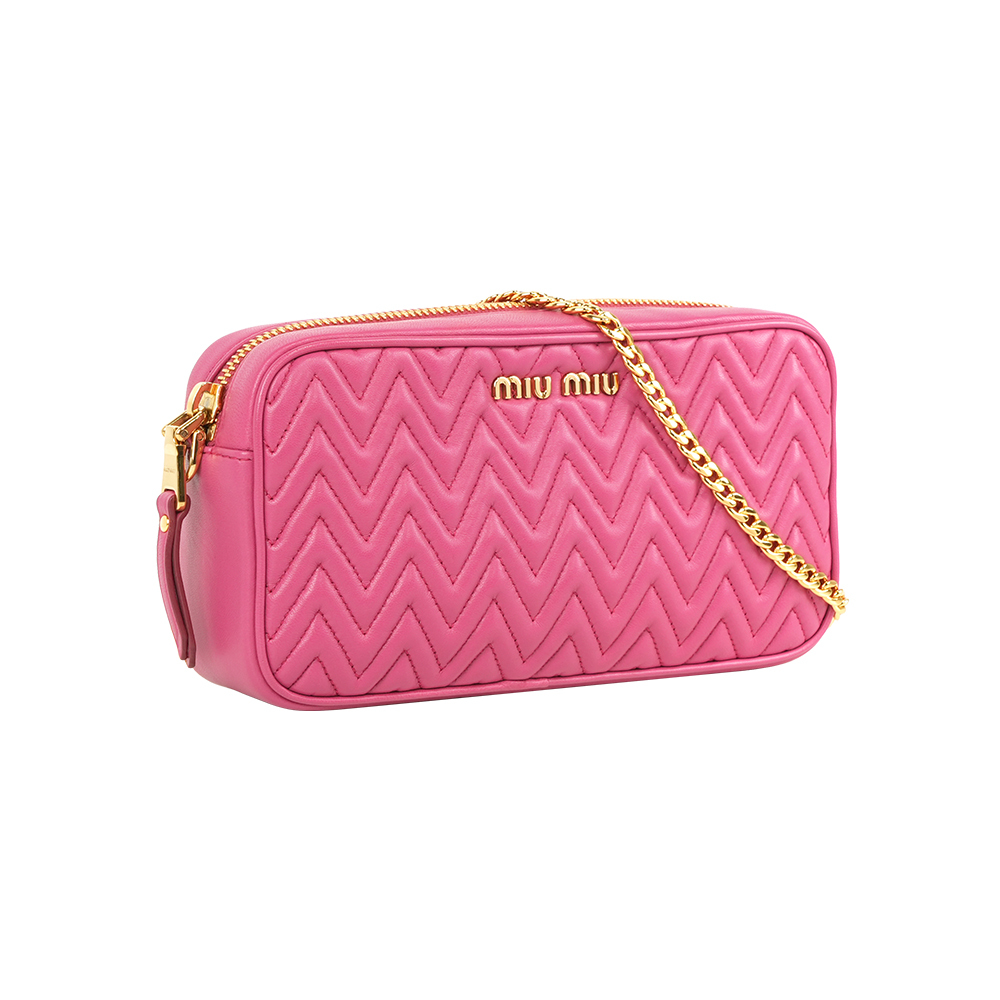 【Miu Miu】金字納帕縫線皮革拉鍊迷你鍊包(洋紅色)