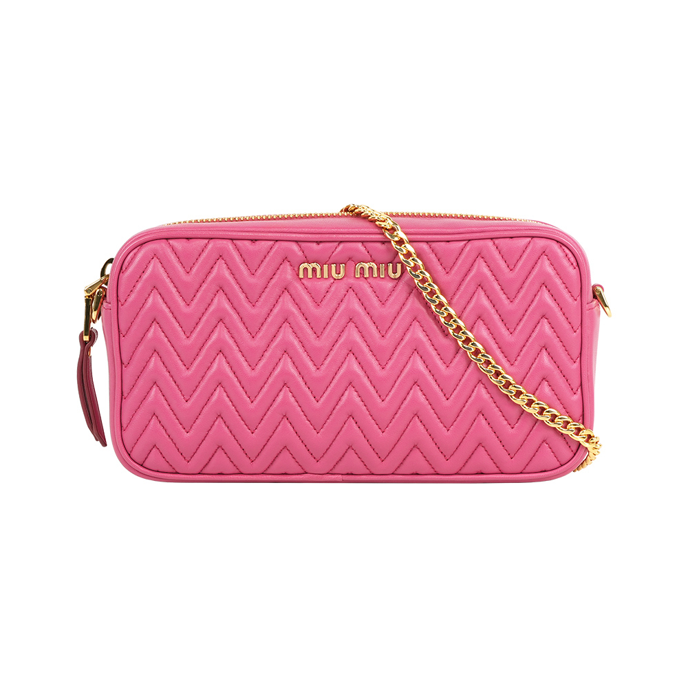 【Miu Miu】金字納帕縫線皮革拉鍊迷你鍊包(洋紅色)