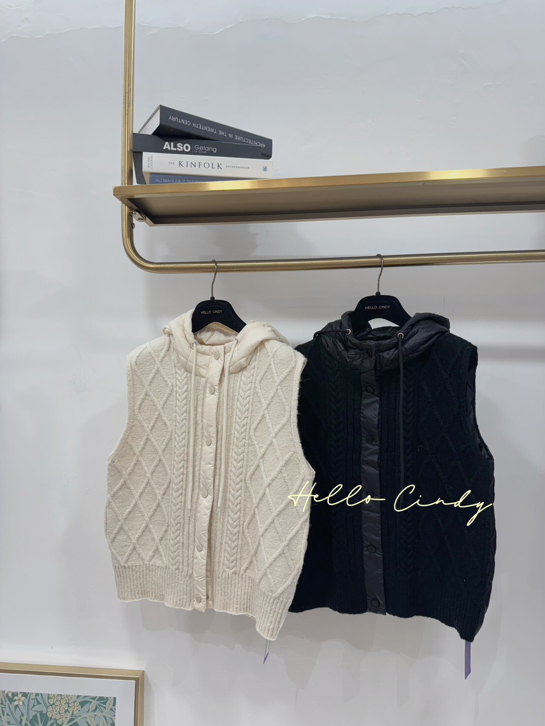 B10157 甜美款菱格針織鋪棉連帽背心