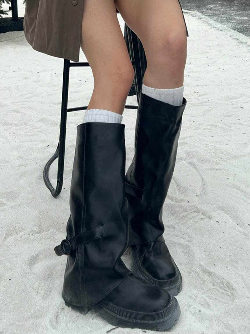 襪套感皮革直筒長靴