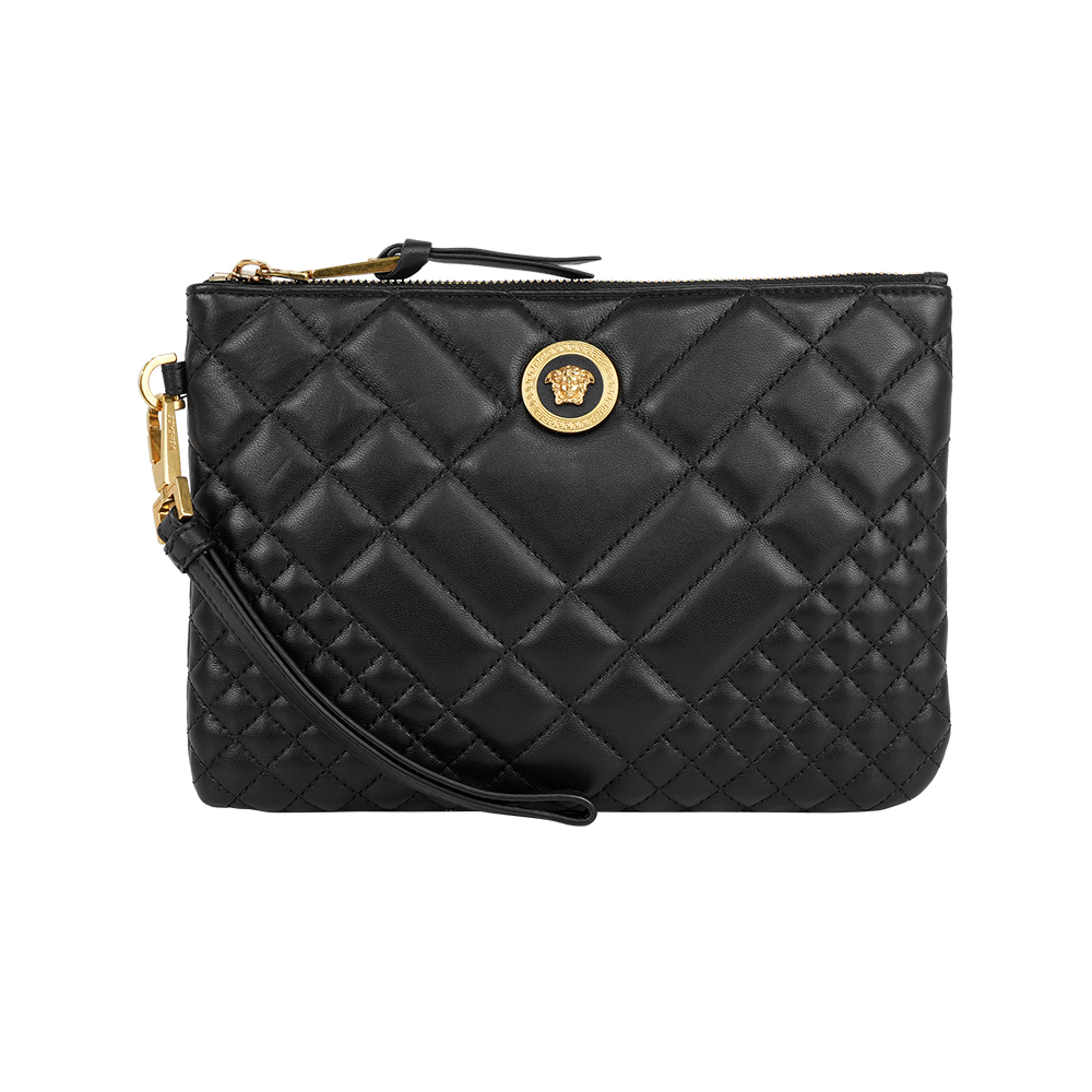 【Versace】Medusa 金色梅杜莎羊皮小款手拿包(黑色)