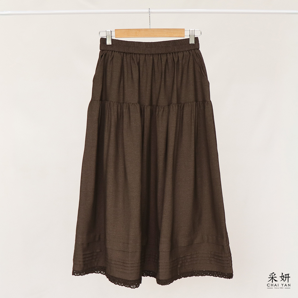 素色下擺棉蕾絲鬆緊腰A字長裙