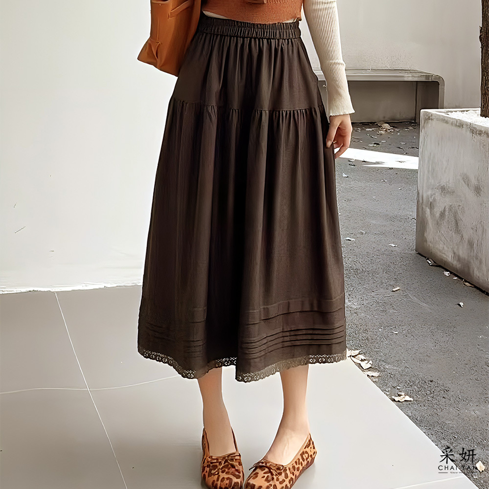 素色下擺棉蕾絲鬆緊腰A字長裙