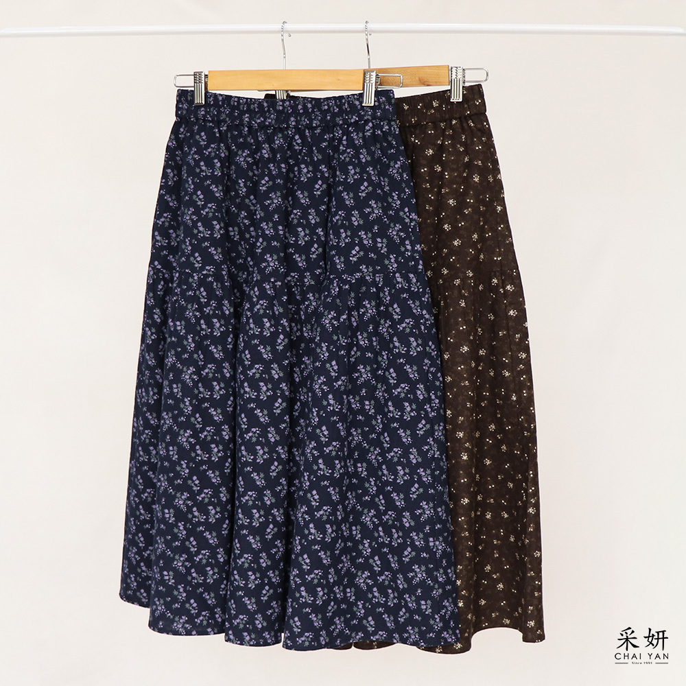碎花雙口袋鬆緊腰A字長裙