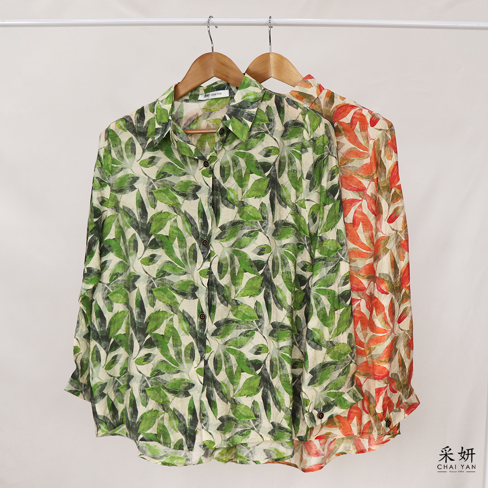 水彩植物輕薄襯衫長袖上衣