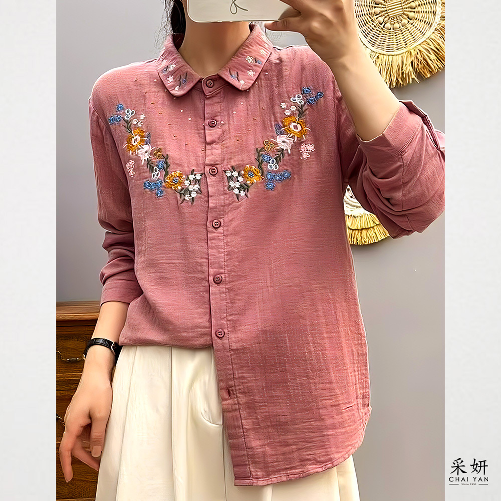 花朵波點刺繡襯衫長袖上衣