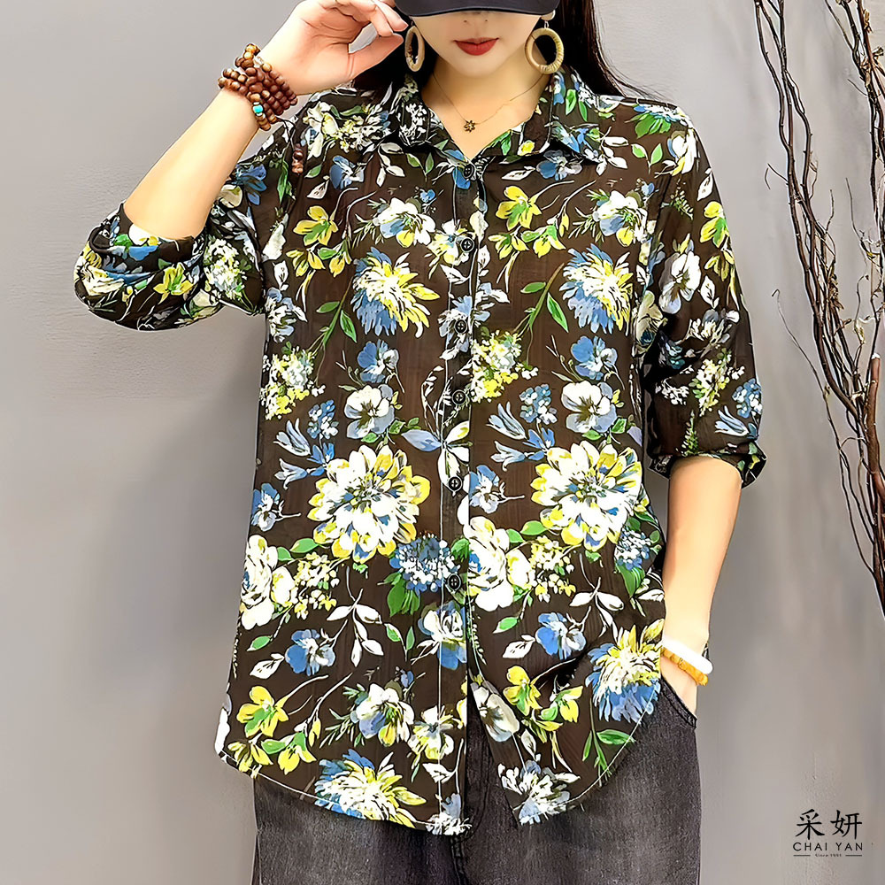 油畫風花朵亮絲襯衫長袖上衣