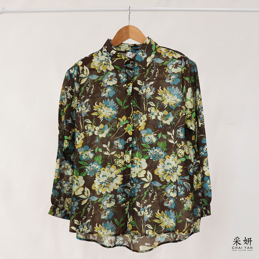 油畫風花朵亮絲襯衫長袖上衣