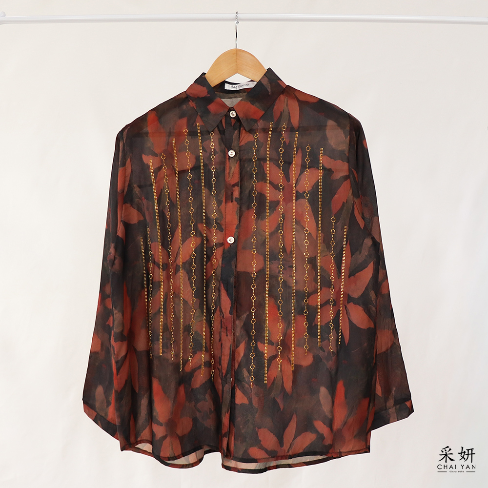 水彩花朵前襟水鑽燙印襯衫長袖上衣