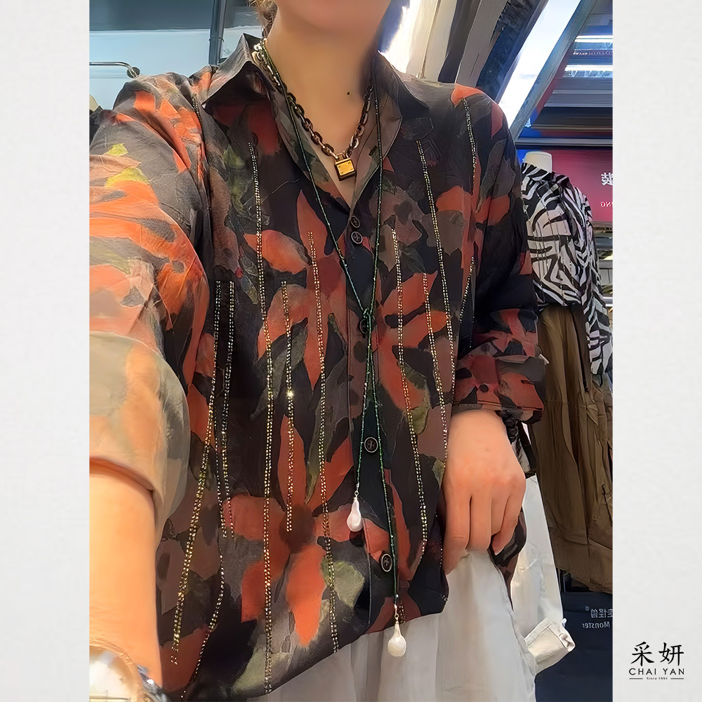 水彩花朵前襟水鑽燙印襯衫長袖上衣