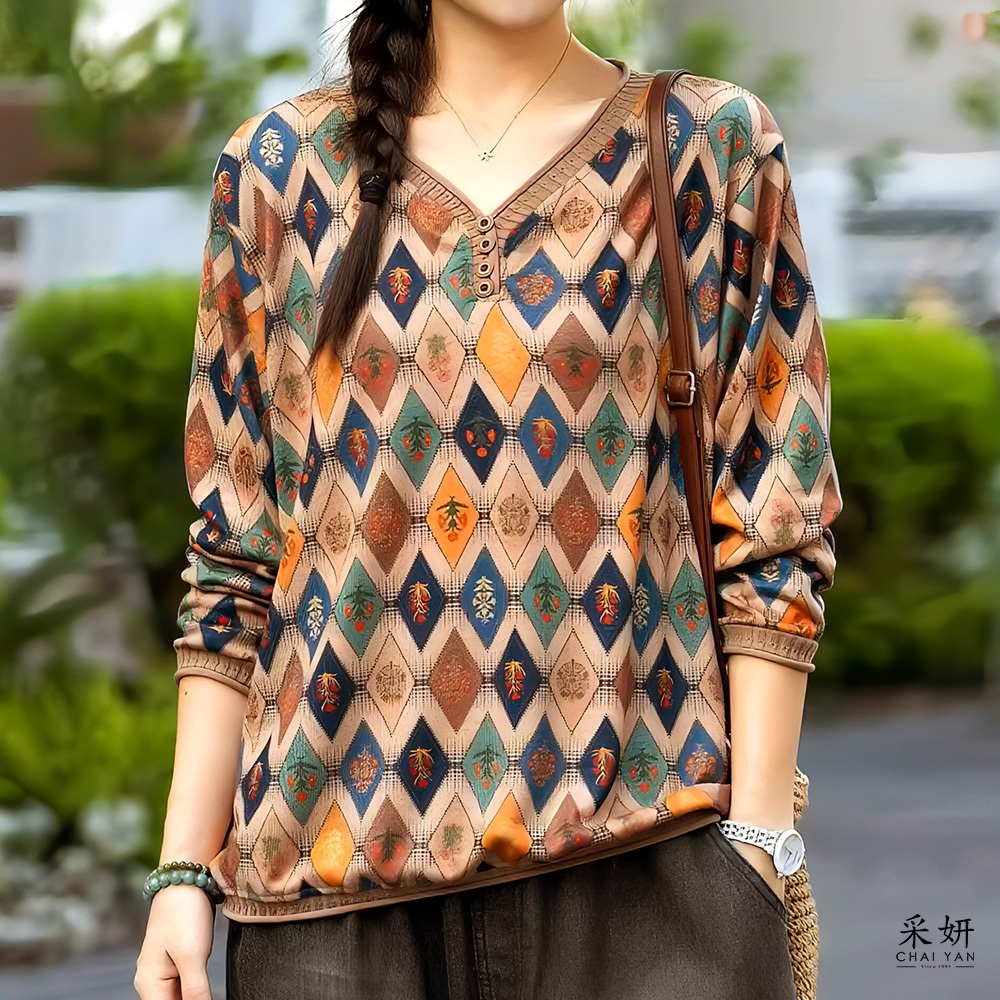 菱形花朵格紋假排扣V領長袖上衣