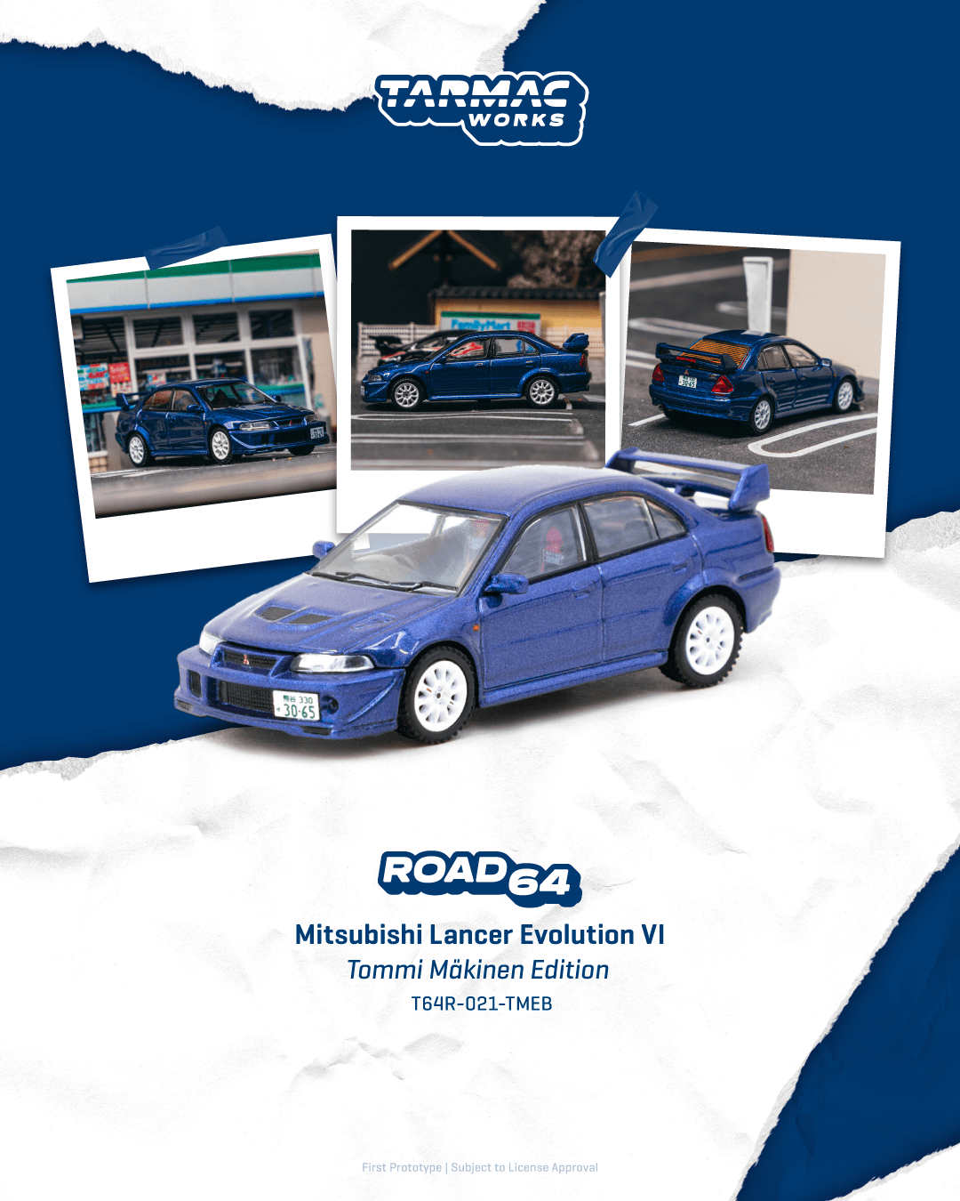 PO-$140 * TARMAC * 1:64 Mitsubishi Lancer Evolution VI Tommi Mäkinen Edition Blue