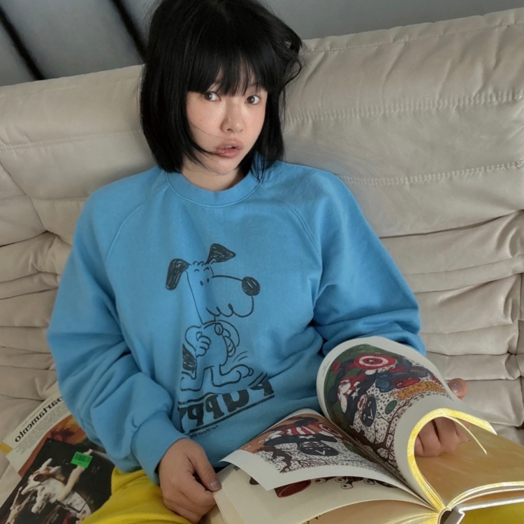 韓國 VL 長袖定番大學T 插畫狗勾 藍